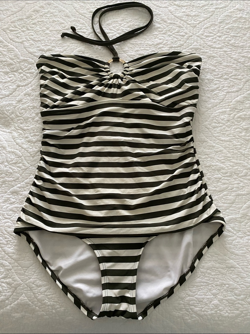 MICHAEL Michael Kors striped halter one-piece swimsuit w/ gold logo ring accent